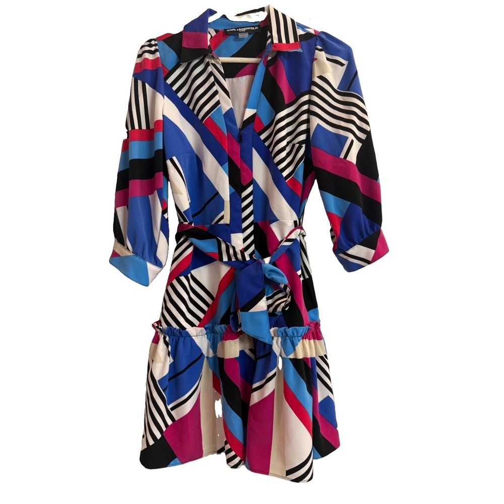 Karl Lagerfeld Paris Shirt Dress Womens 4 Blue Pink Geometric Ruffle Hem Belted